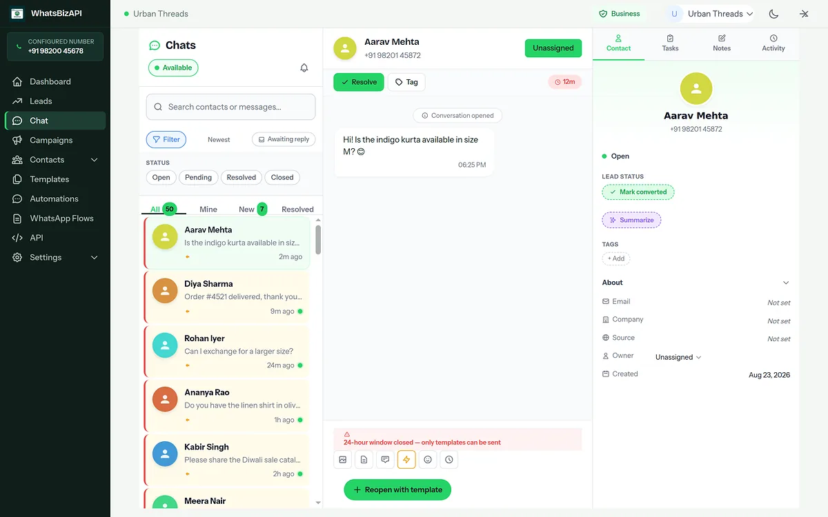Shared WhatsApp team inbox for a demo store, with the conversation list, an open chat and assignment controls