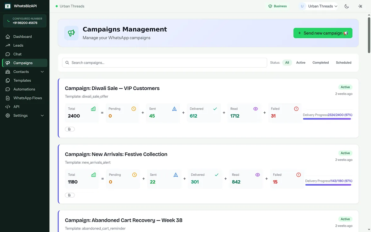 Campaigns screen for a demo store, listing broadcasts with sent, delivered and read counts