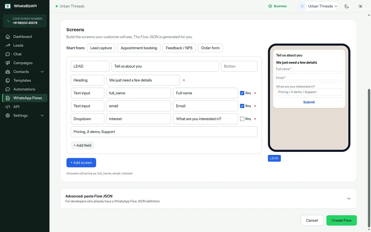 WhatsApp Flows builder for a demo store, with the form editor on the left and a live phone preview on the right