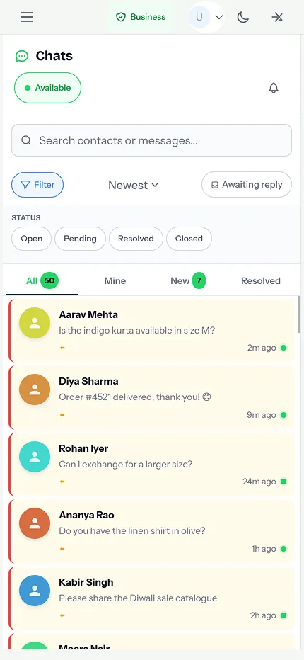 Team inbox on a phone: reply from anywhere, shown with demo data