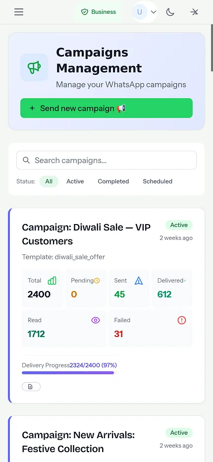 Campaigns on a phone: watch a broadcast land, shown with demo data