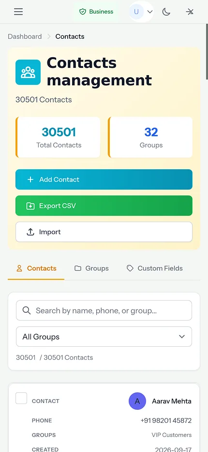 Contacts on a phone: every contact, searchable, shown with demo data