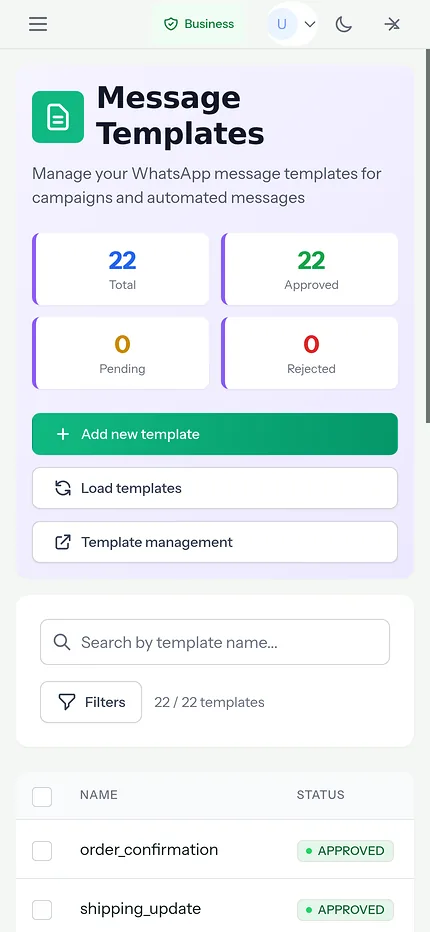 Templates on a phone: approved templates to hand, shown with demo data
