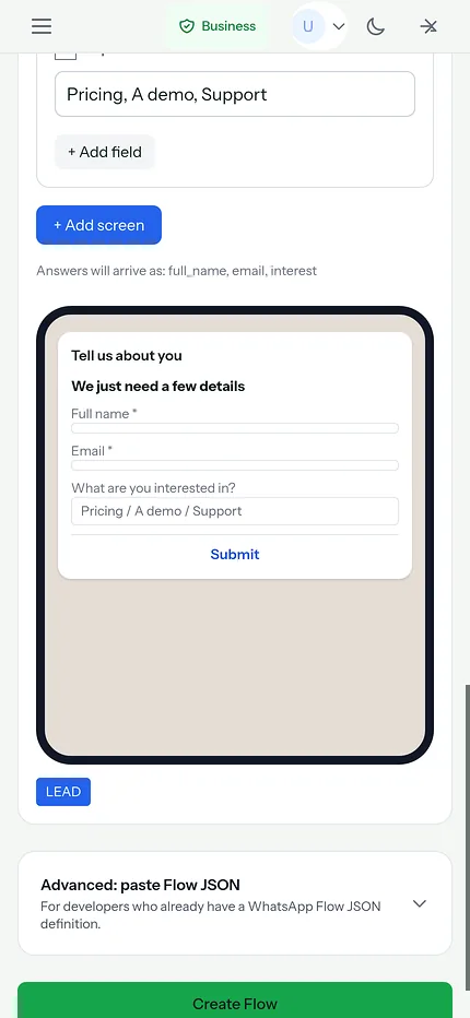 WhatsApp Flows on a phone: build forms on your phone, shown with demo data